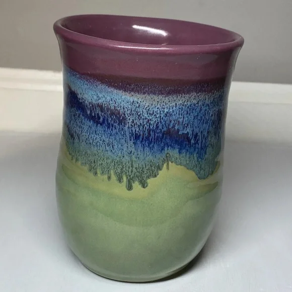 Neher Pottery Hand Warmer Mug Drip Glazed Minnesota Cup, Signed 2012 Blue Purple - Picture 2 of 11